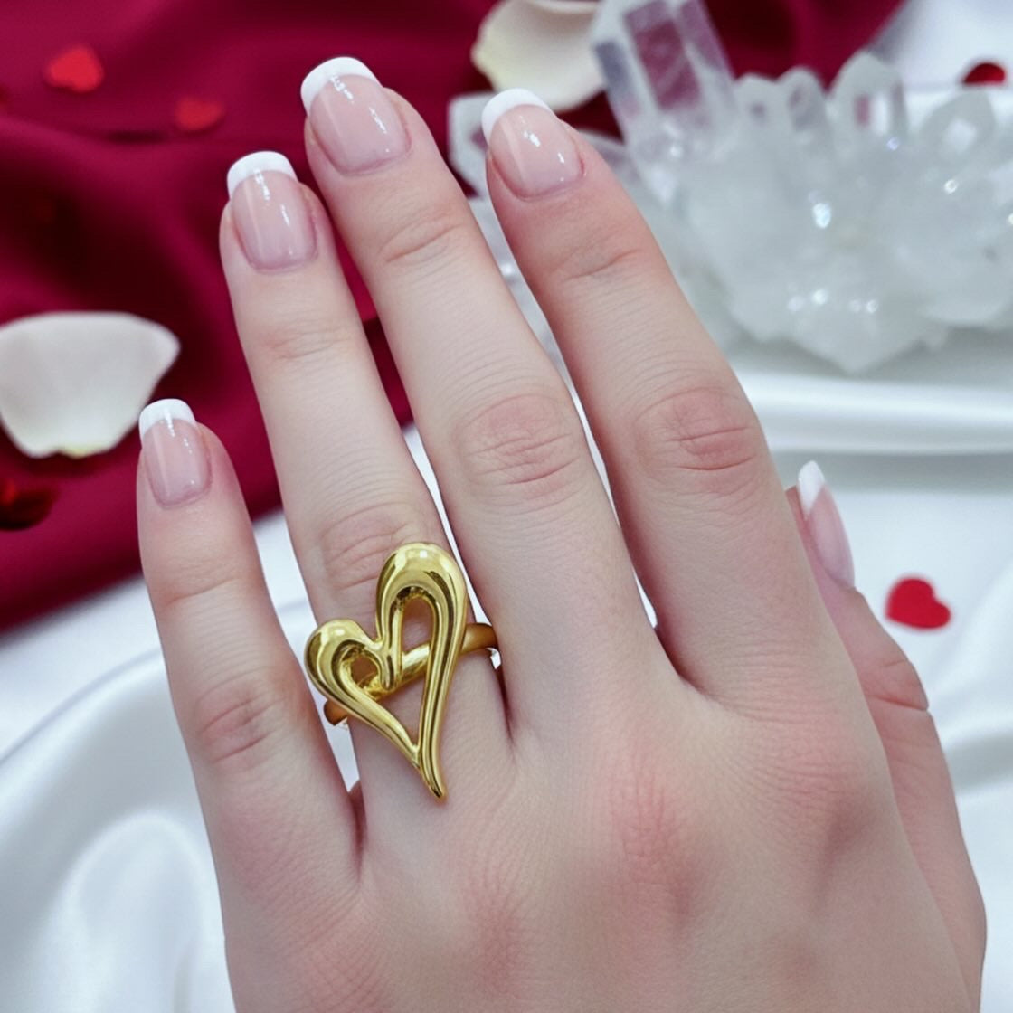 Gold Open Heart Ring – Minimalist Heart Statement Ring, Romantic Love Jewelry, Adjustable Gold Ring for Women