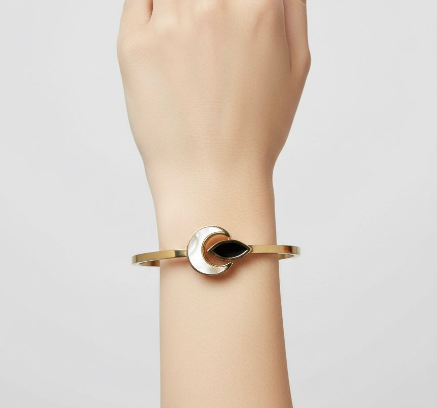 Gold Crescent Moon Cuff Bracelet with Black Accent
